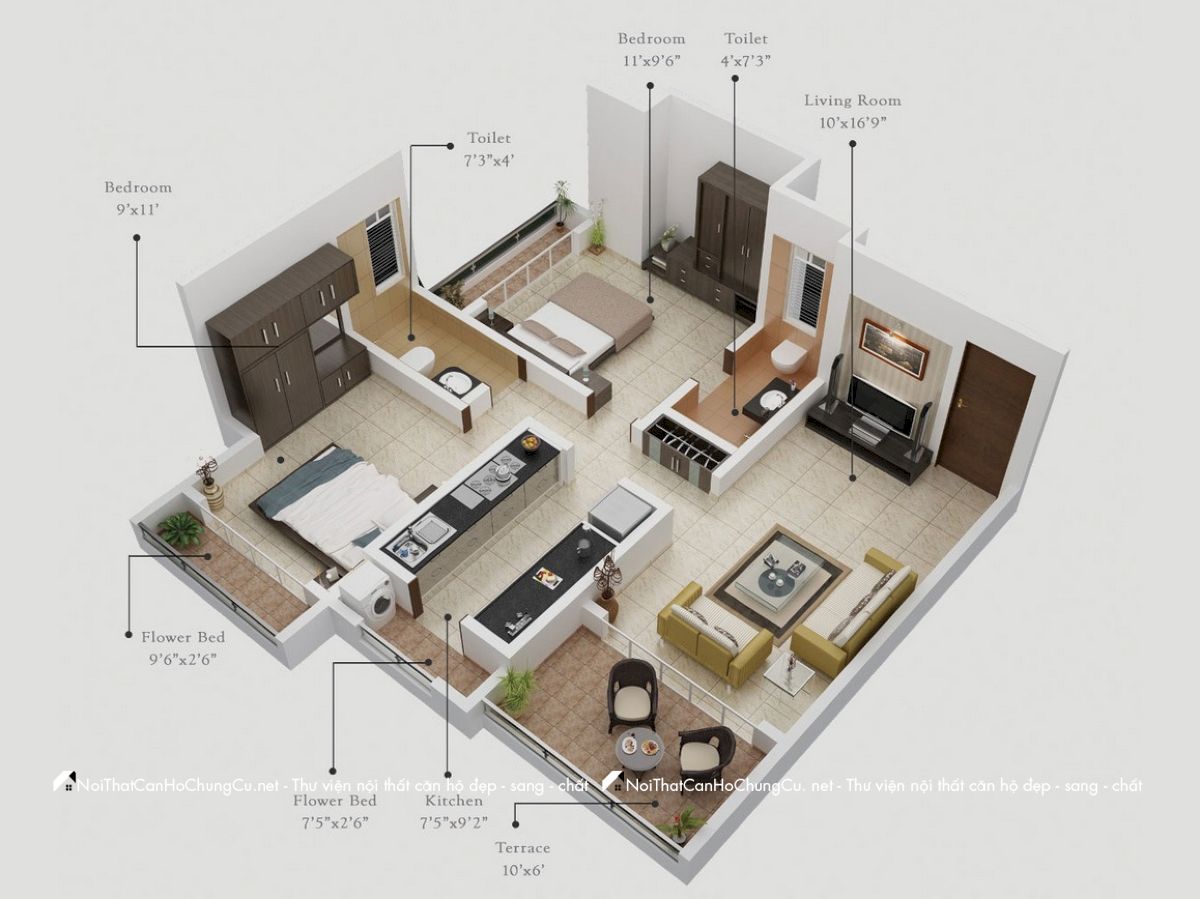 bố trí căn hộ chung cư 80m2 2 phòng ngủ