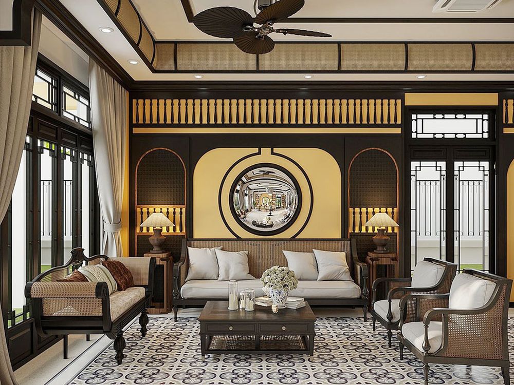 Thiết kế nội thất biệt thự phong cách Đông Dương truyền thống sang trọng và ấm cúng - phòng khách