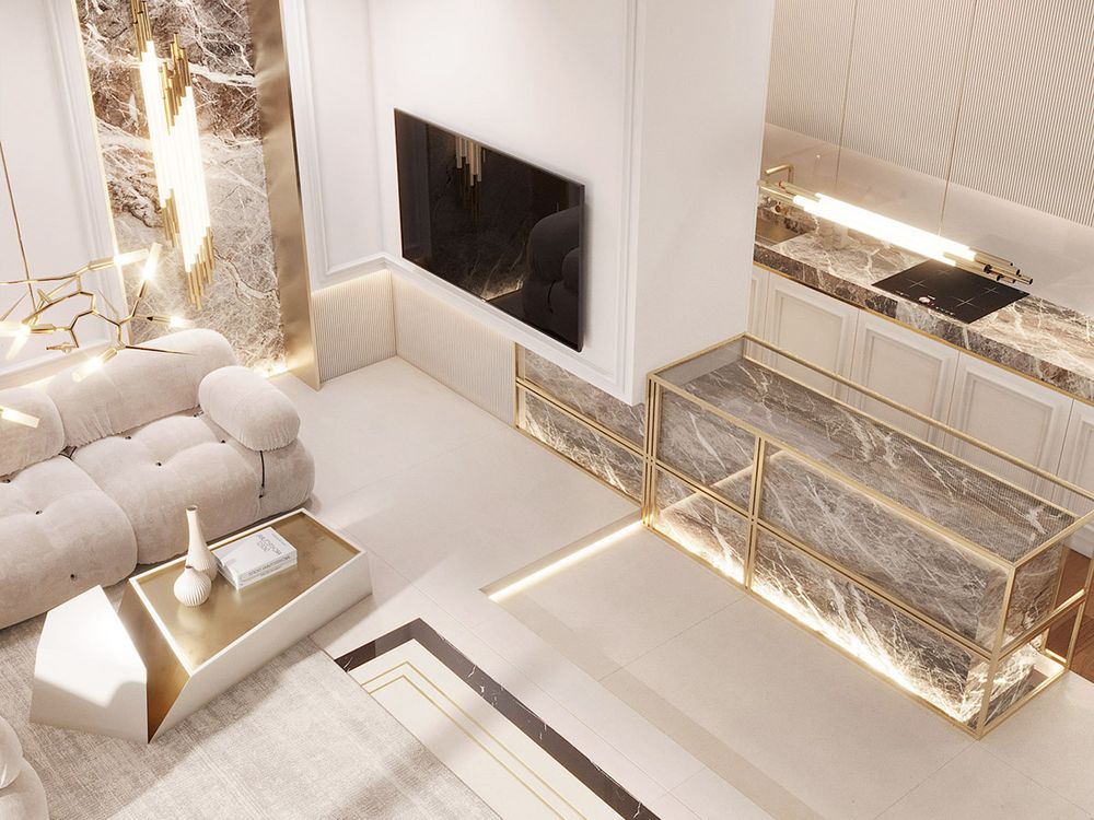 Thiết kế nội thất cao cấp thời thượng với các điểm nhấn bằng vàng - phòng khách