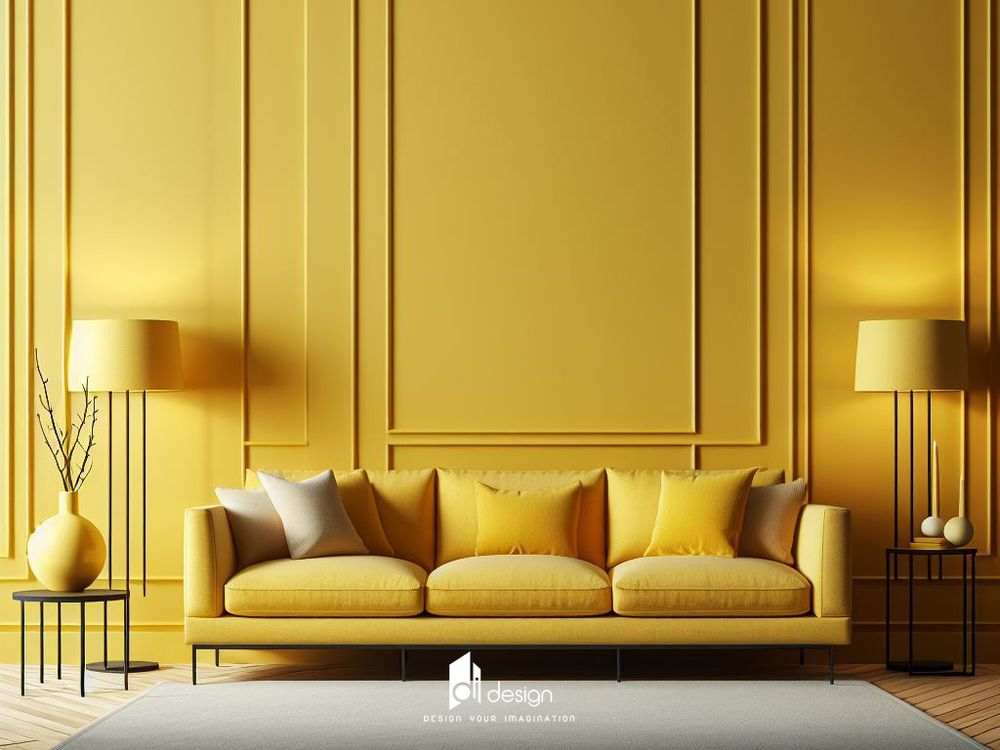 Thiết kế nội thất phòng khách màu vàng ấm áp và tinh tế