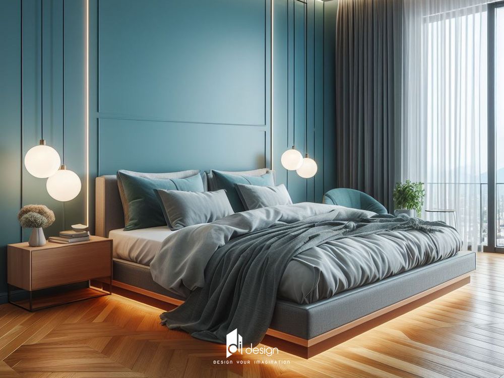 Phòng ngủ màu xanh cổ vịt sang trọng và tinh tế