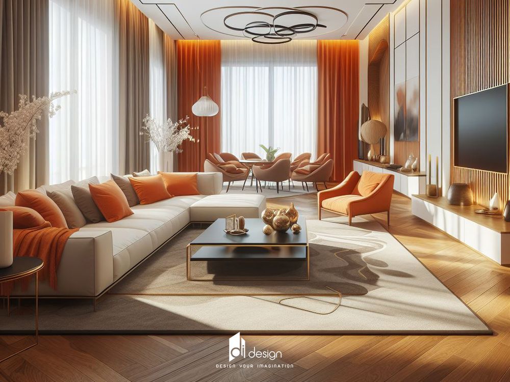 thiết kế nội thất phòng khách màu cam