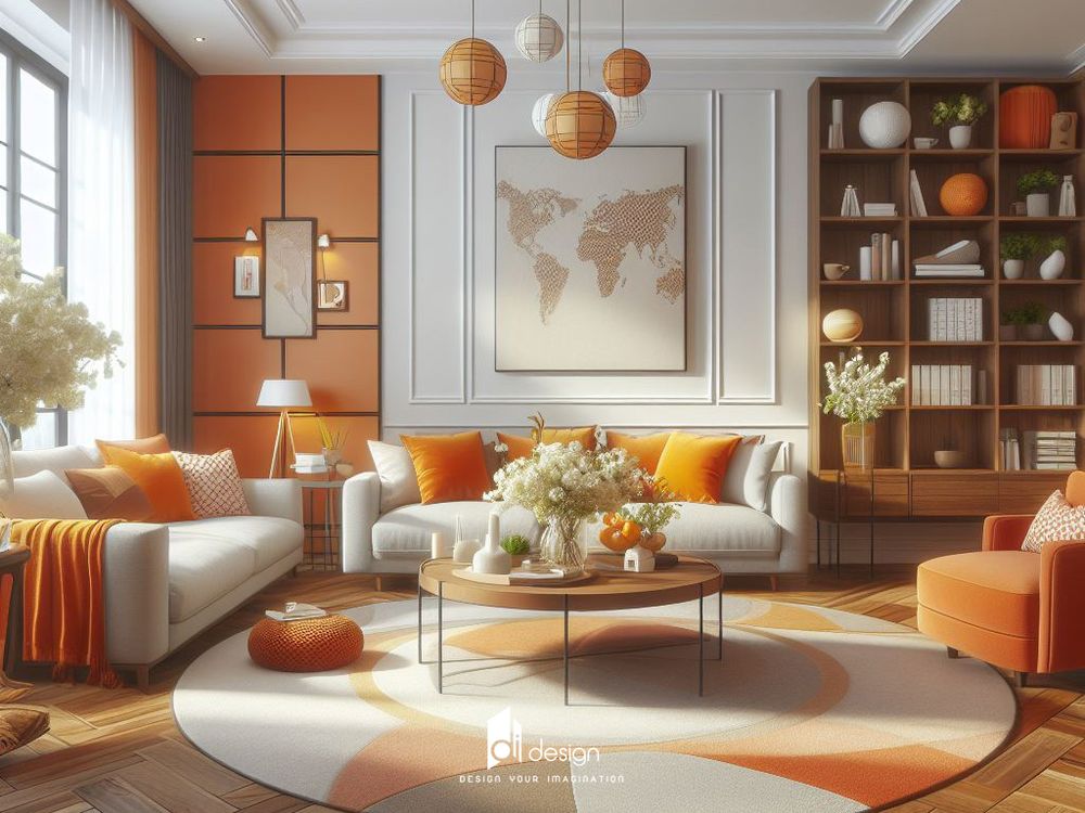 thiết kế nội thất phòng khách màu cam