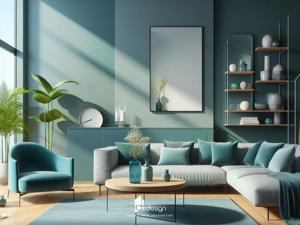 thiết kế nội thất phòng khách màu xanh tươi mới và thu hút