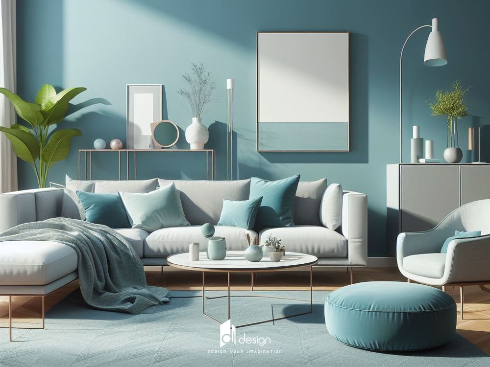 thiết kế nội thất phòng khách màu xanh tươi mới và thu hút