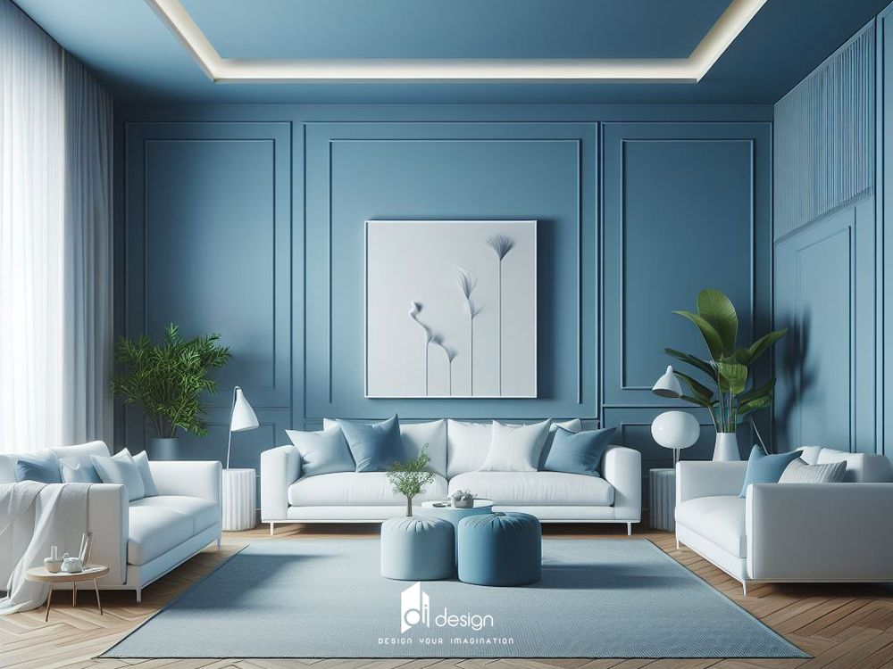 Thiết kế nội thất phòng khách màu xanh dương tươi mới và thoải mái.