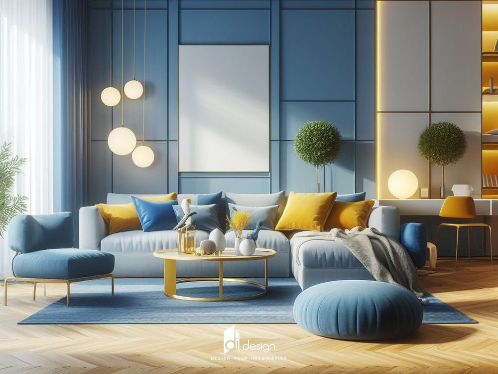 Thiết kế nội thất phòng khách màu xanh dương tươi mới và thoải mái.