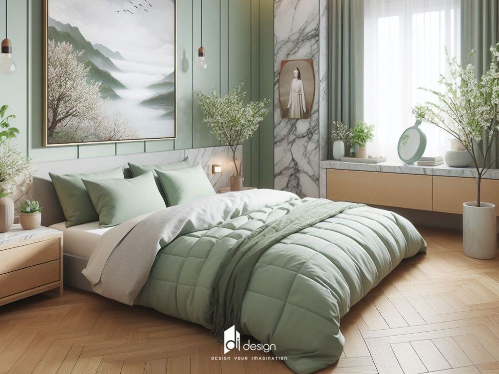 Phòng ngủ màu xanh lá cây nhạt đẹp hiện đại