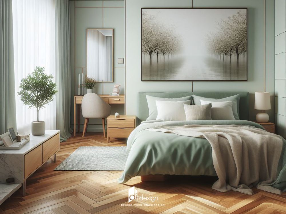 Phòng ngủ màu xanh lá cây nhạt đẹp hiện đại
