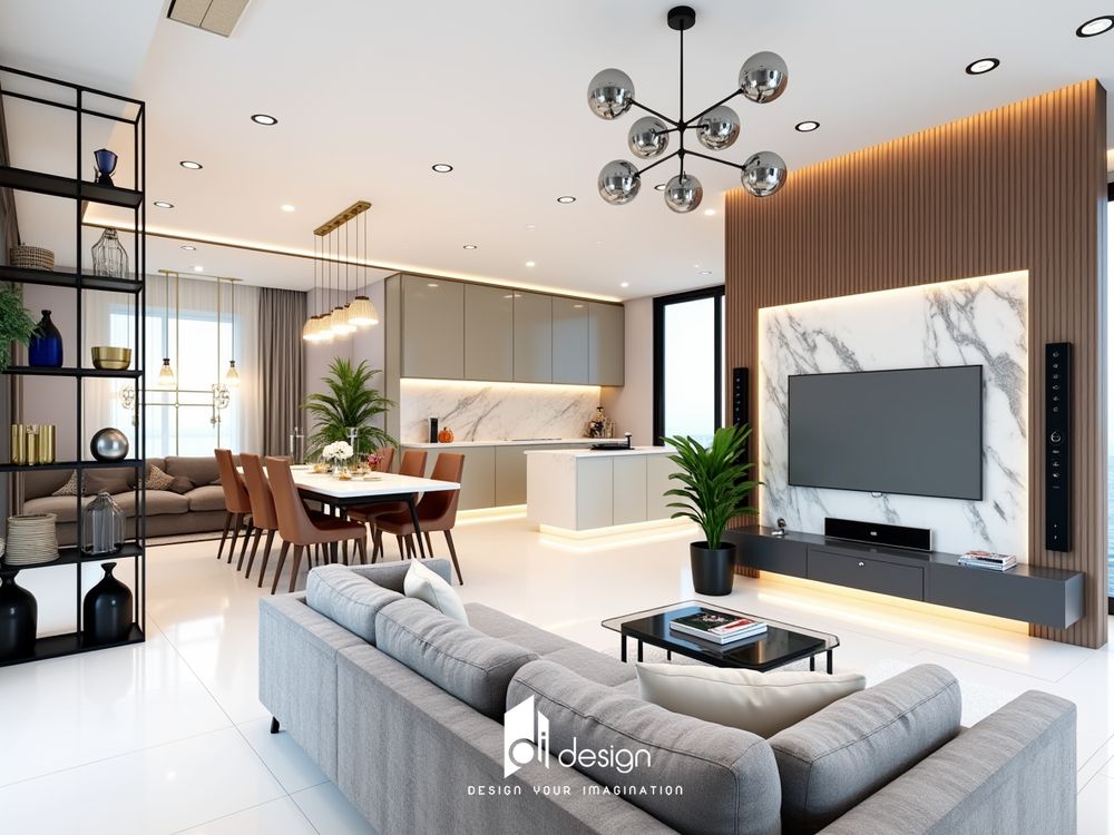 Nội thất căn hộ 96m2 Diamond Alnata Plus ấm áp và sang trọng.