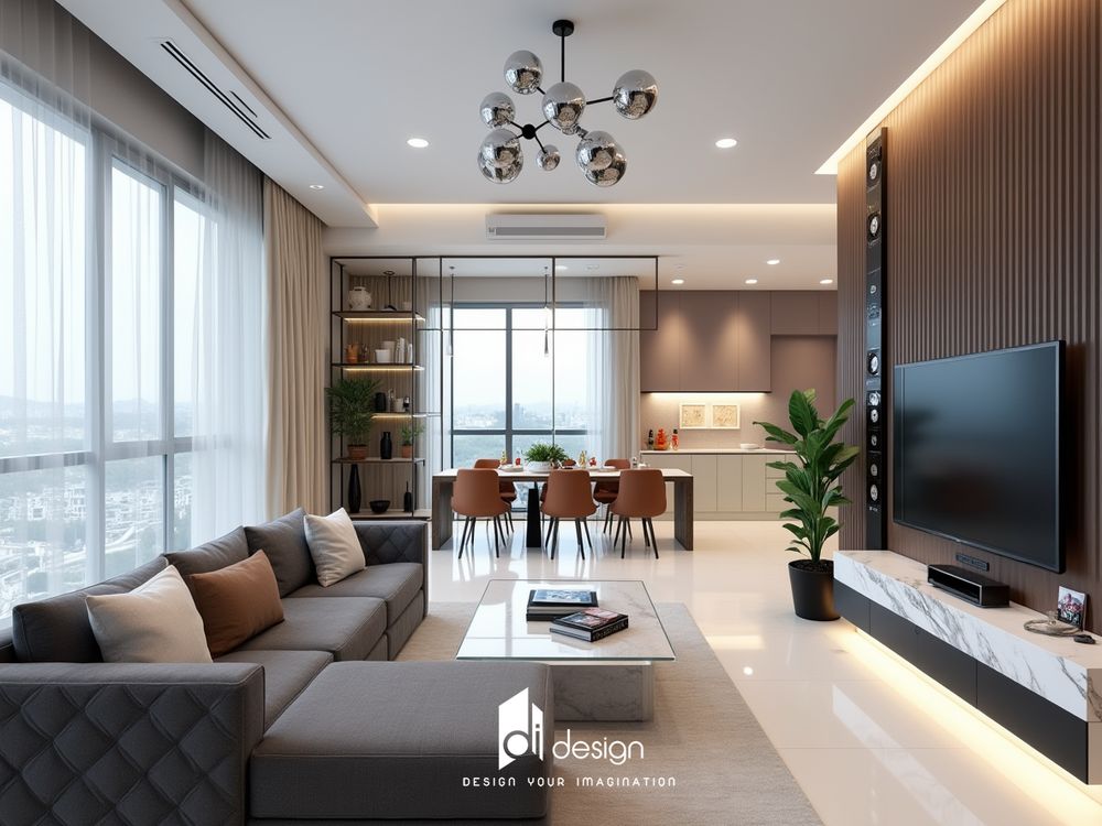 Nội thất căn hộ 96m2 Diamond Alnata Plus ấm áp và sang trọng.