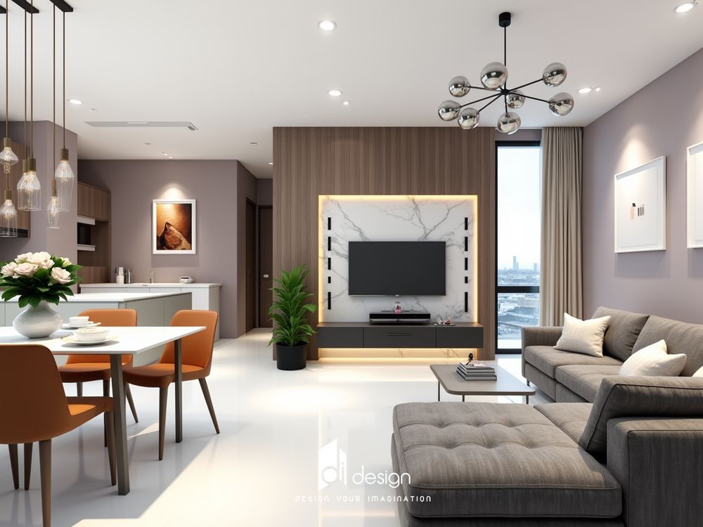 Nội thất căn hộ 96m2 Diamond Alnata Plus ấm áp và sang trọng.