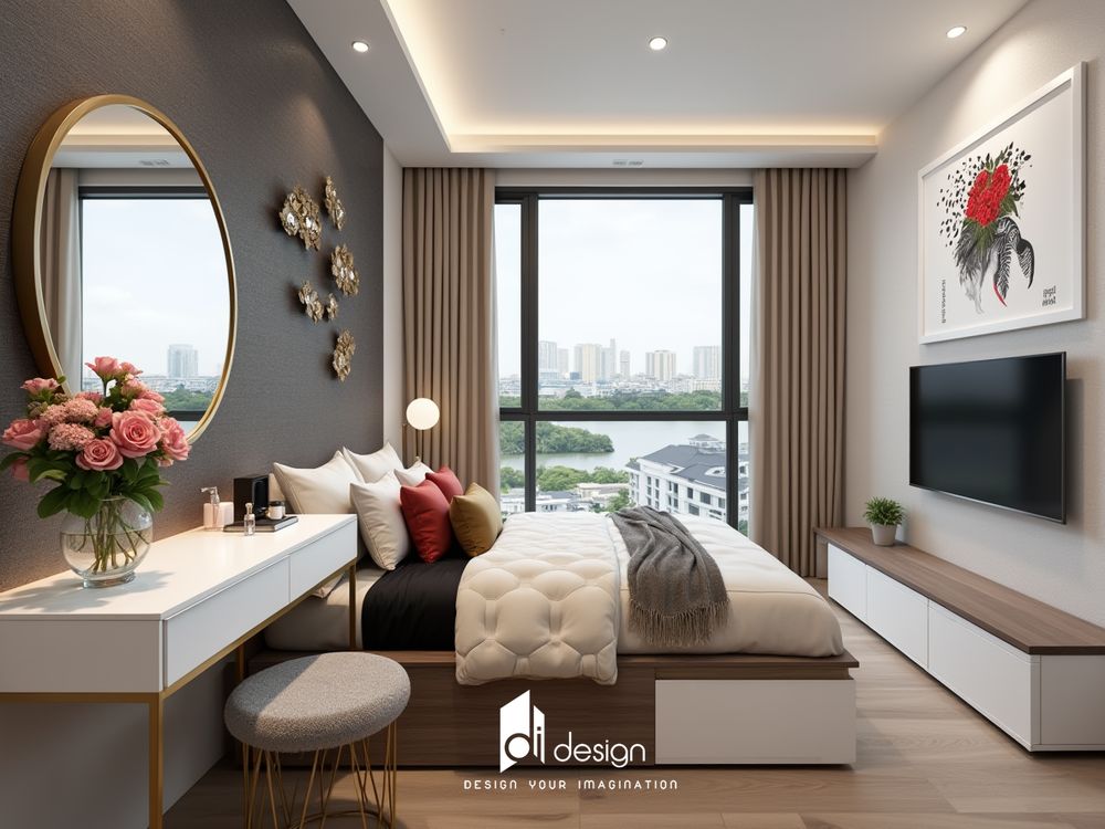Nội thất căn hộ 96m2 Diamond Alnata Plus ấm áp và sang trọng.