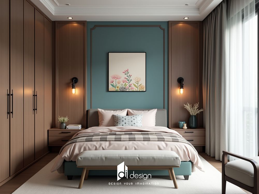 Phòng ngủ màu xanh cổ vịt sang trọng và tinh tế