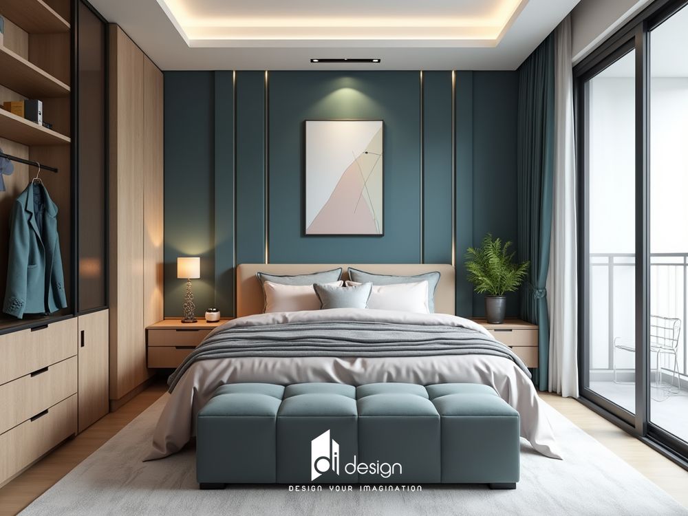 Phòng ngủ màu xanh cổ vịt sang trọng và tinh tế