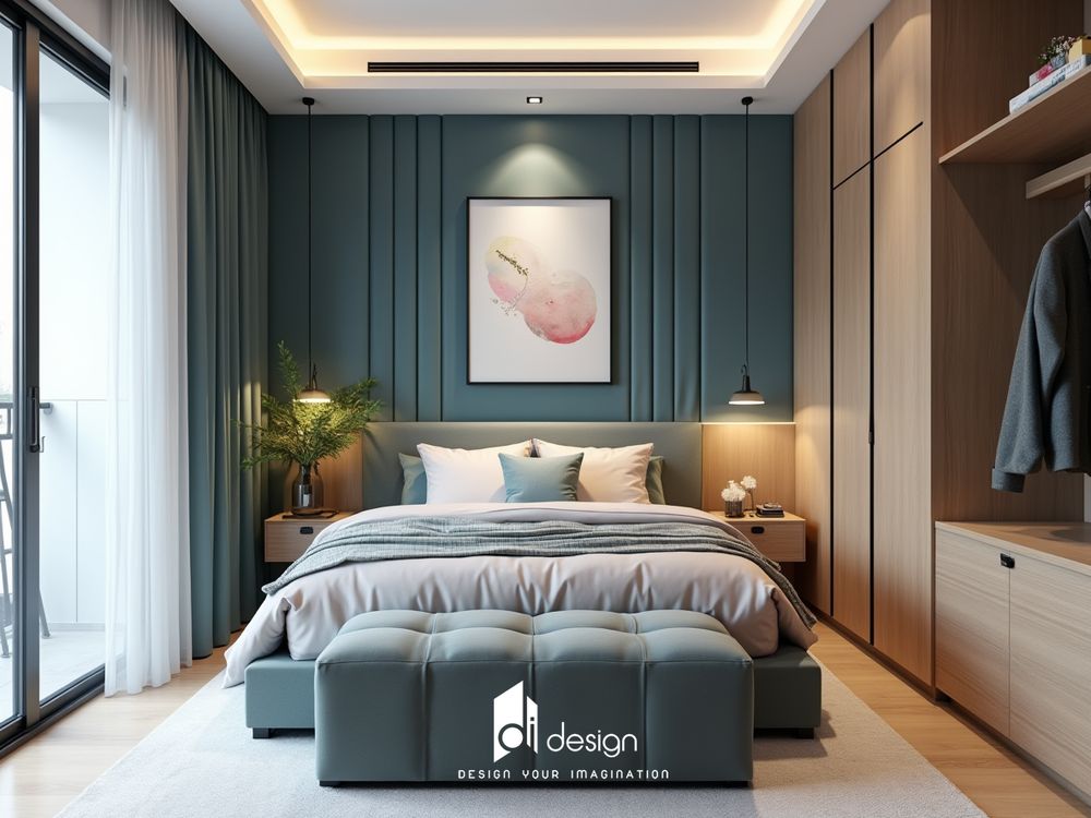 Phòng ngủ màu xanh cổ vịt sang trọng và tinh tế