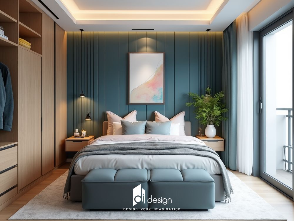 Phòng ngủ màu xanh cổ vịt sang trọng và tinh tế