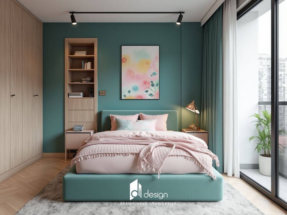 Phòng ngủ màu xanh cổ vịt sang trọng và tinh tế
