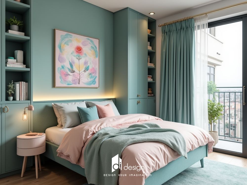 Phòng ngủ màu xanh cổ vịt sang trọng và tinh tế