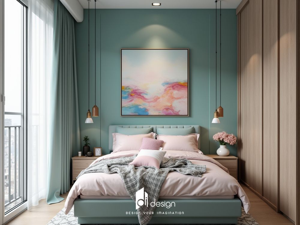 Phòng ngủ màu xanh cổ vịt sang trọng và tinh tế