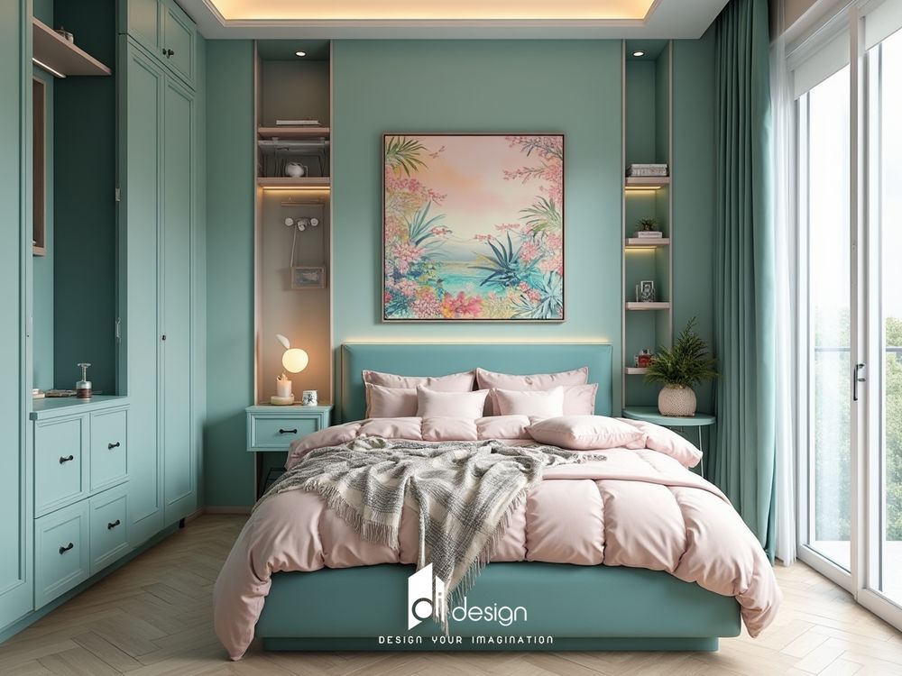 Phòng ngủ màu xanh cổ vịt sang trọng và tinh tế