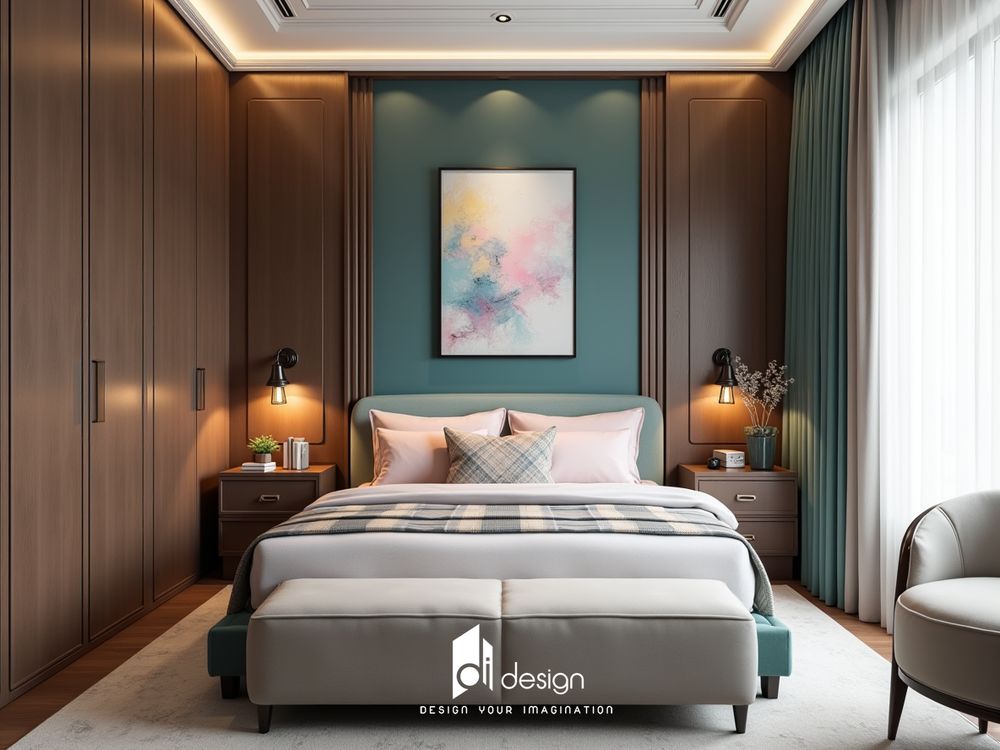 Phòng ngủ màu xanh cổ vịt sang trọng và tinh tế